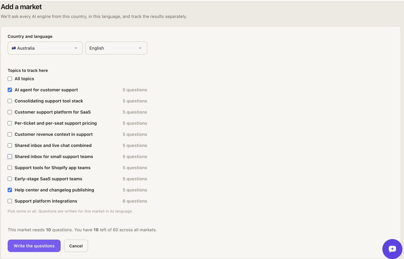 Adding a market: country and language, the topics to track there, and the question cost against the plan's limit