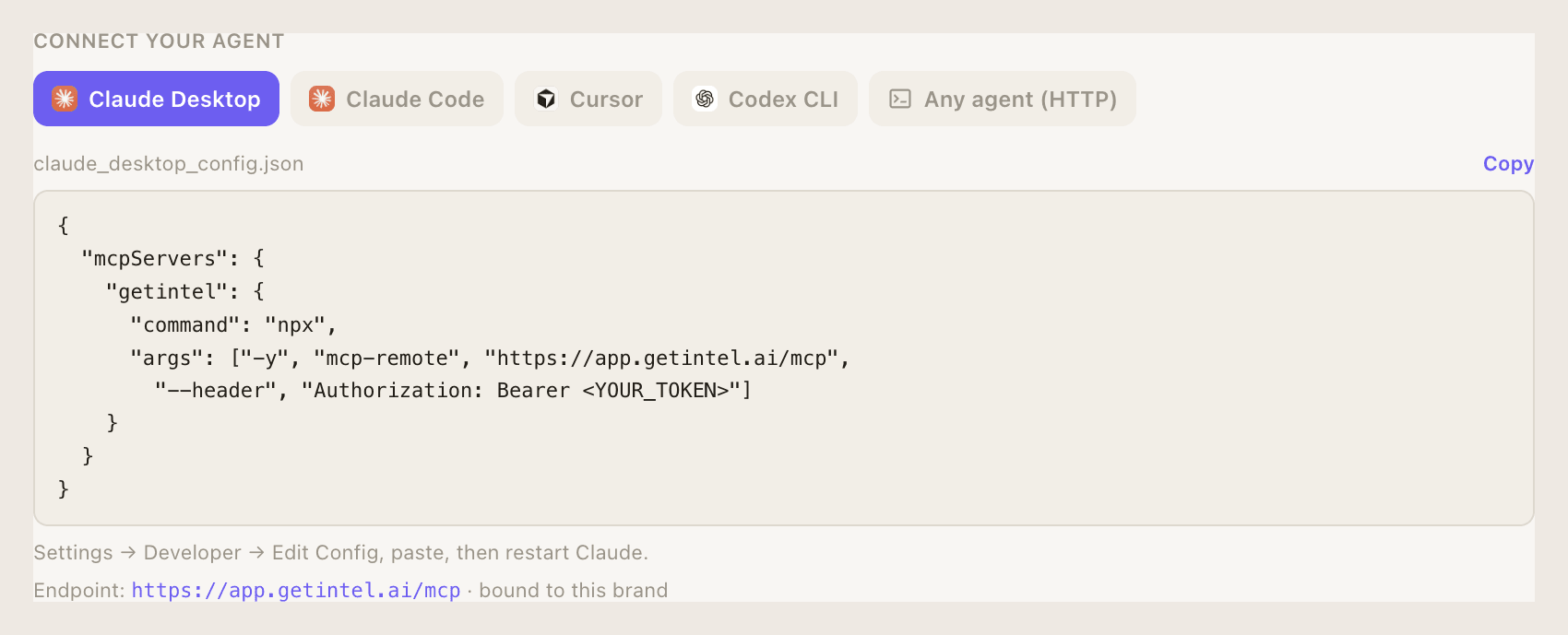Connect your agent in GetIntel: a tab per client and the config to paste, with the endpoint bound to your brand