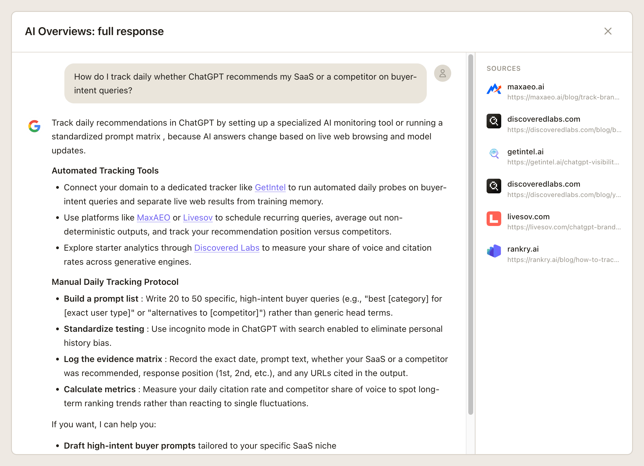 A full AI answer kept in GetIntel: the buyer question, what Google AI Overviews said, and the sources it cited