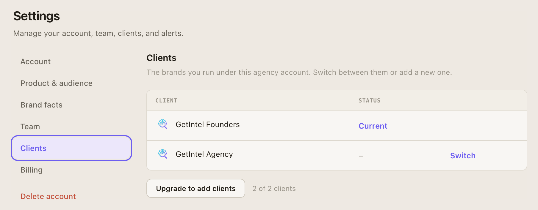 Settings → Clients: each client brand, which one is current, and a Switch link for the others