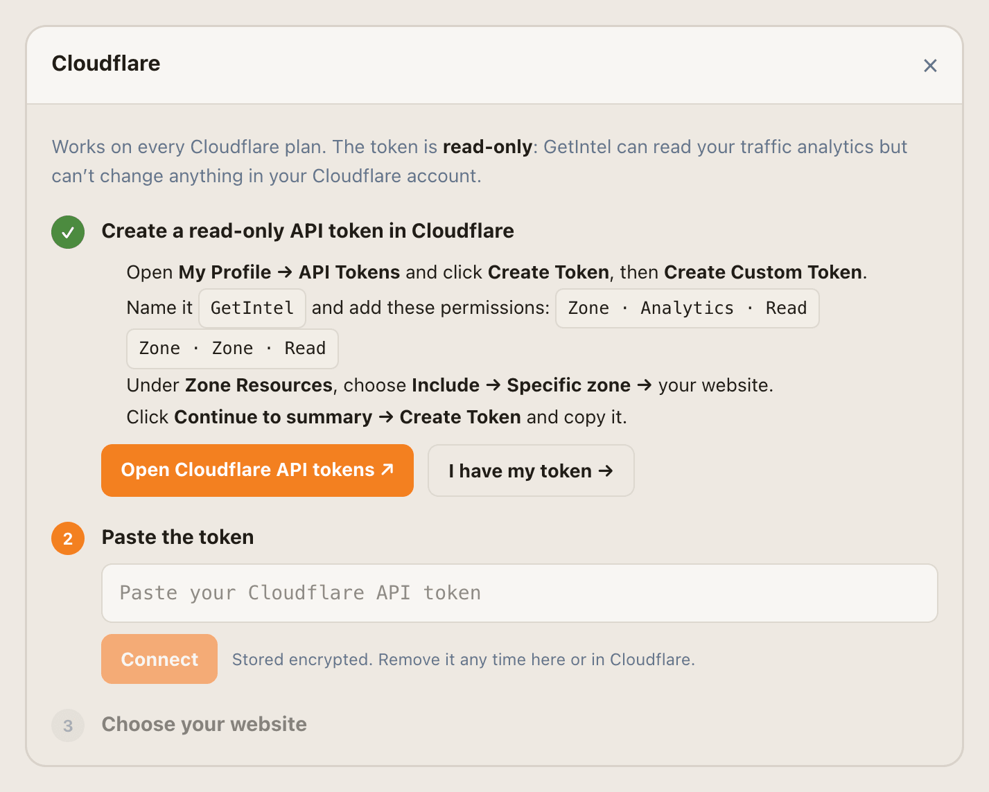 The Cloudflare connect window in GetIntel: create a read-only token, paste it, then choose your website