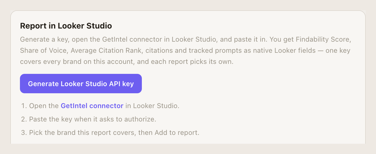 The Looker Studio panel in GetIntel Integrations: generate the API key, then open the connector, paste the key and pick the brand