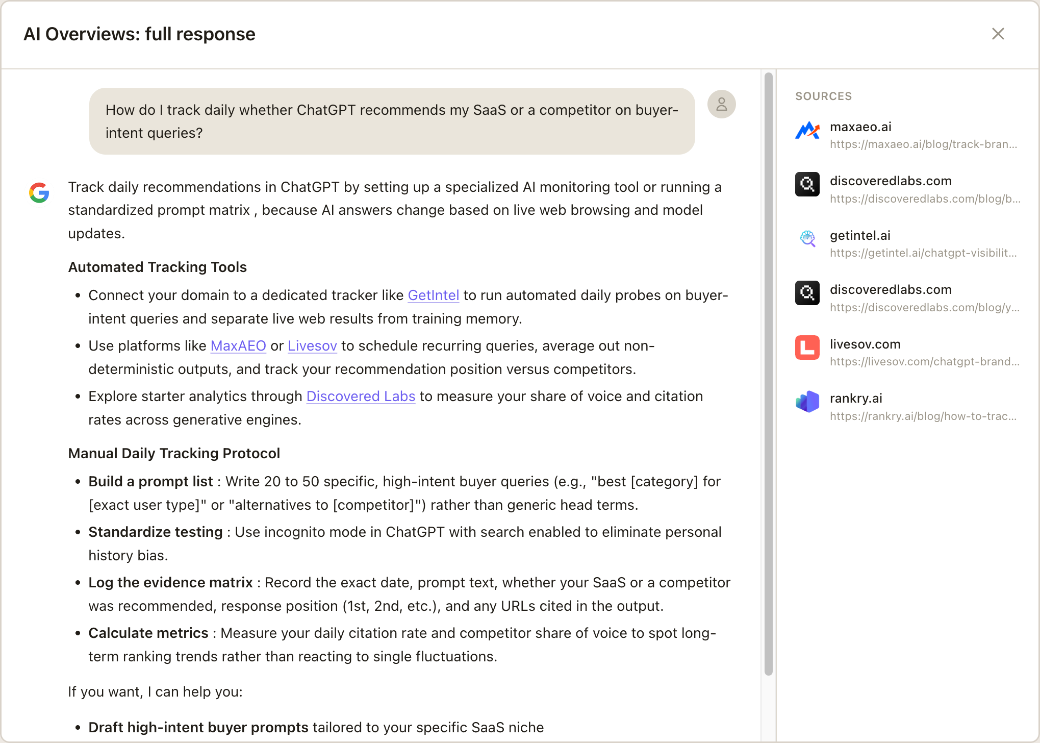 A full Google AI Overviews response captured in GetIntel, with the sources panel listing every domain it cited