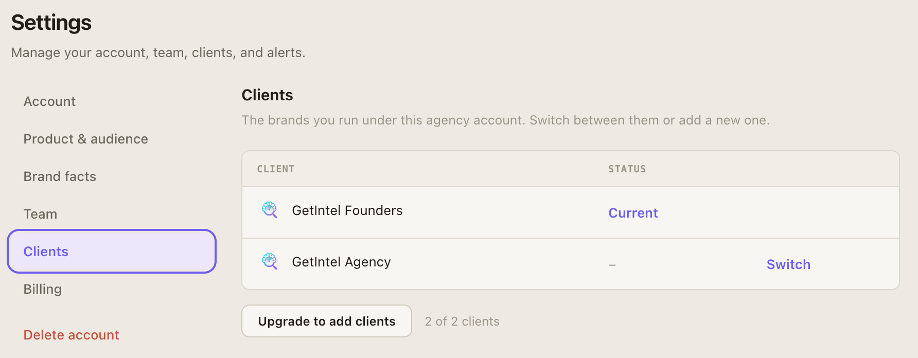 Settings, Clients: every client brand on one agency account, with a one-click switch between them