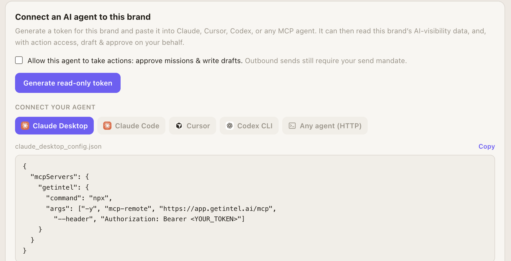 Connecting an agent to a brand in GetIntel: read-only or action-taking token, client tabs for Claude Desktop, Claude Code, Cursor and Codex CLI, and the MCP config to paste