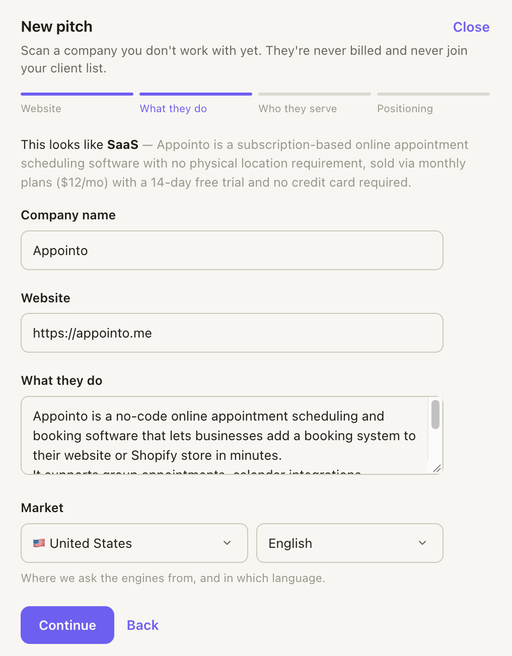 GetIntel New pitch, What they do step: the prospect read as SaaS, with its company name, website, a description of what it does, and the market to scan from, ready to check before scanning