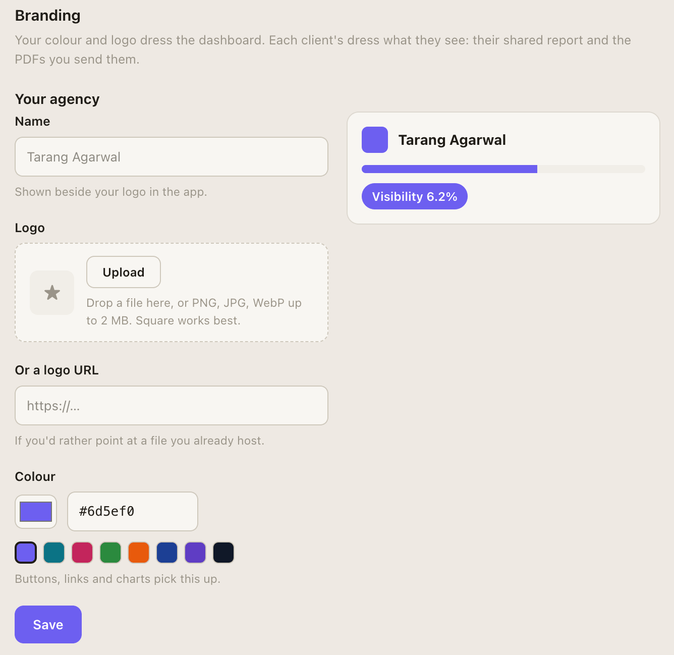 GetIntel Settings, Branding: the agency's name, a logo upload or logo URL, and an accent colour with preset swatches, beside a live preview of the colour applied