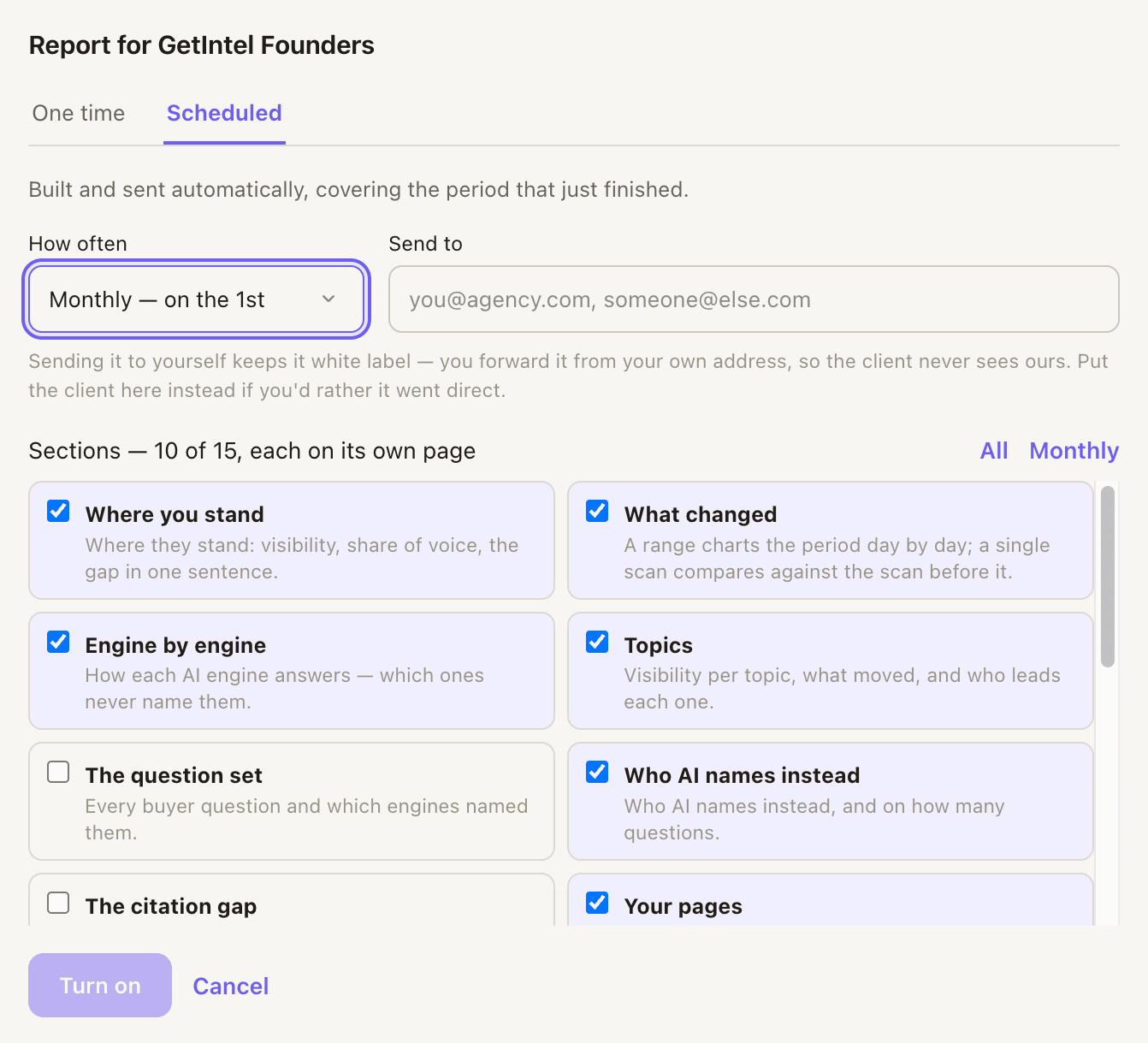 GetIntel scheduled report settings: monthly on the 1st, a send-to field for your own or the client's address, and the report sections to include, each on its own page