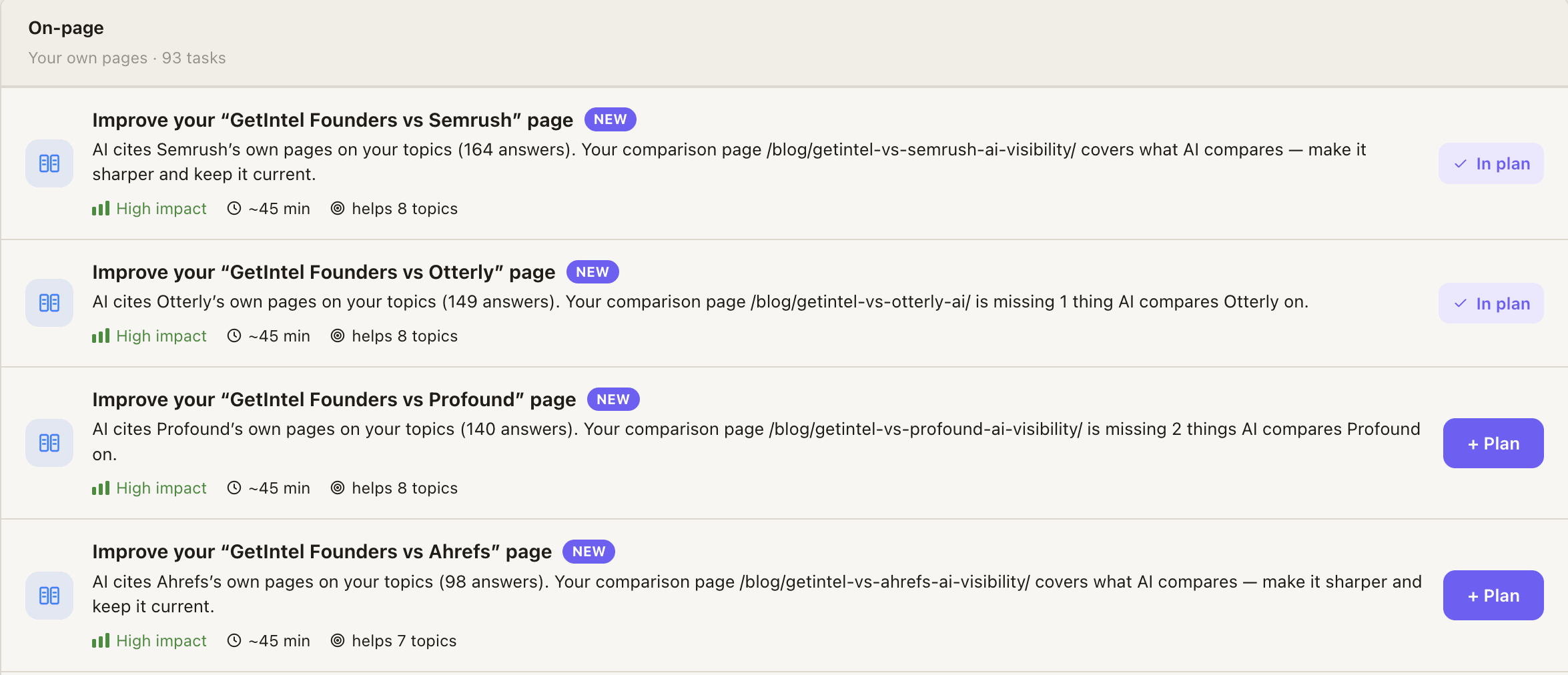 GetIntel ranked task list: each gap turned into a task, ordered by the impact of fixing it